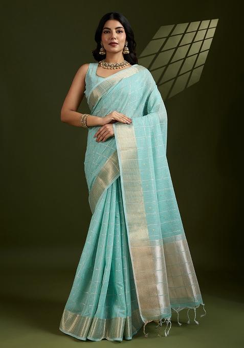Sky Embroidered Silk Saree Set
