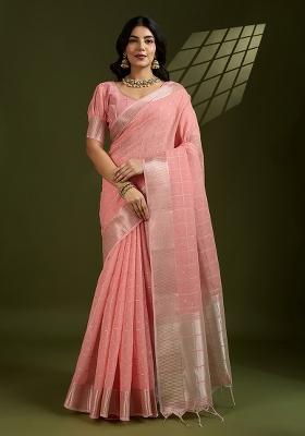 Peach Embroidered Silk Saree Set