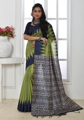 Mehendi Embroidered Silk Saree Set