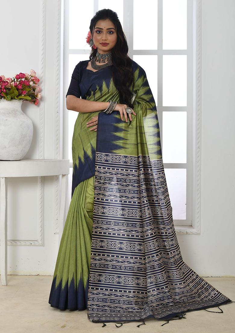 Mehendi Embroidered Silk Saree Set