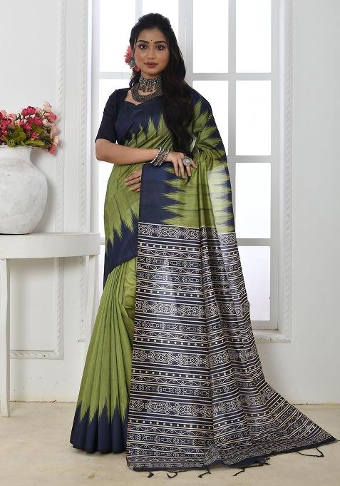 Mehendi Embroidered Silk Saree Set