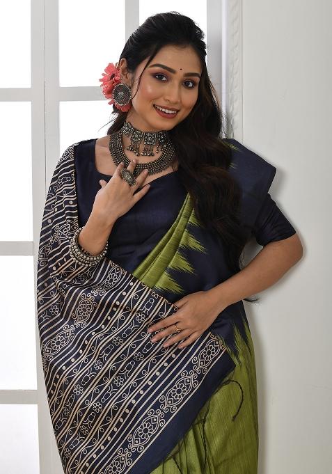 Mehendi Embroidered Silk Saree Set