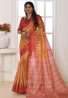 Orange Embroidered Silk Saree Set