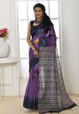 Purple Embroidered Silk Saree Set