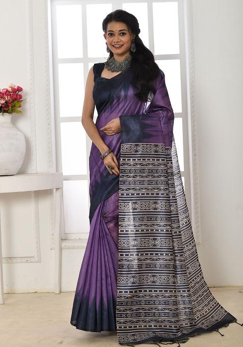 Purple Embroidered Silk Saree Set