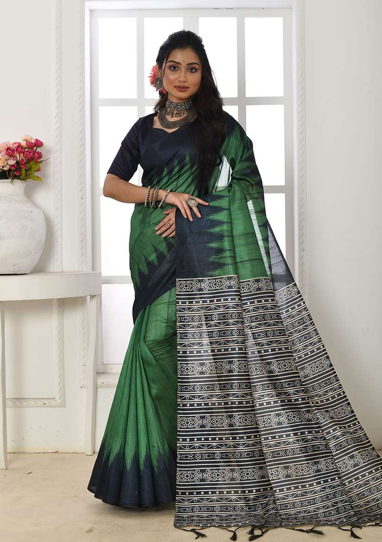 Green Embroidered Silk Blend Saree Set - Indya