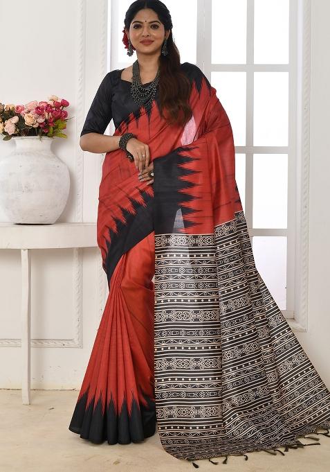 Red Embroidered Silk Saree Set