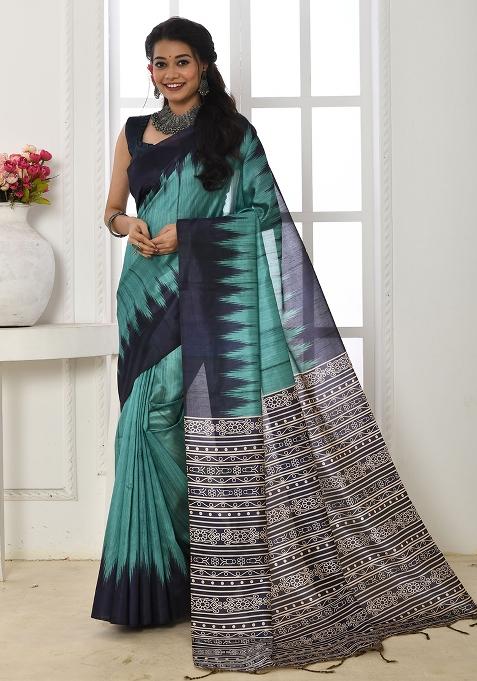 Aqua Embroidered Silk Saree Set