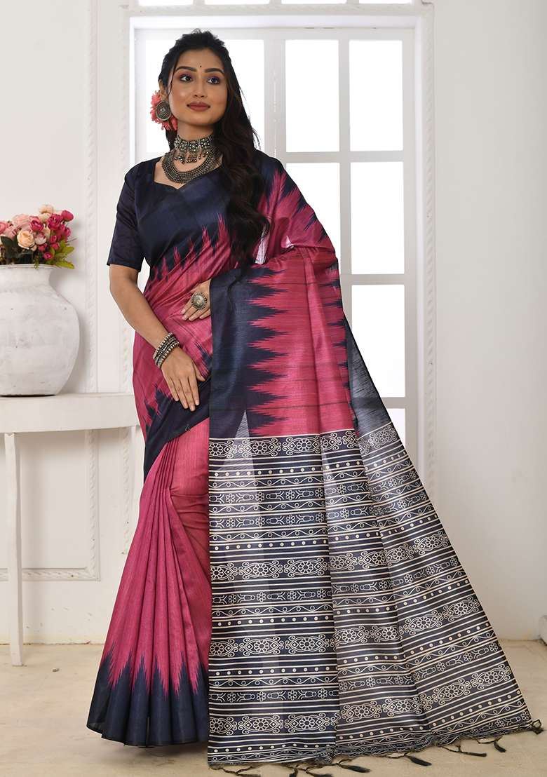 Pink Embroidered Silk Blend Saree Set - Indya