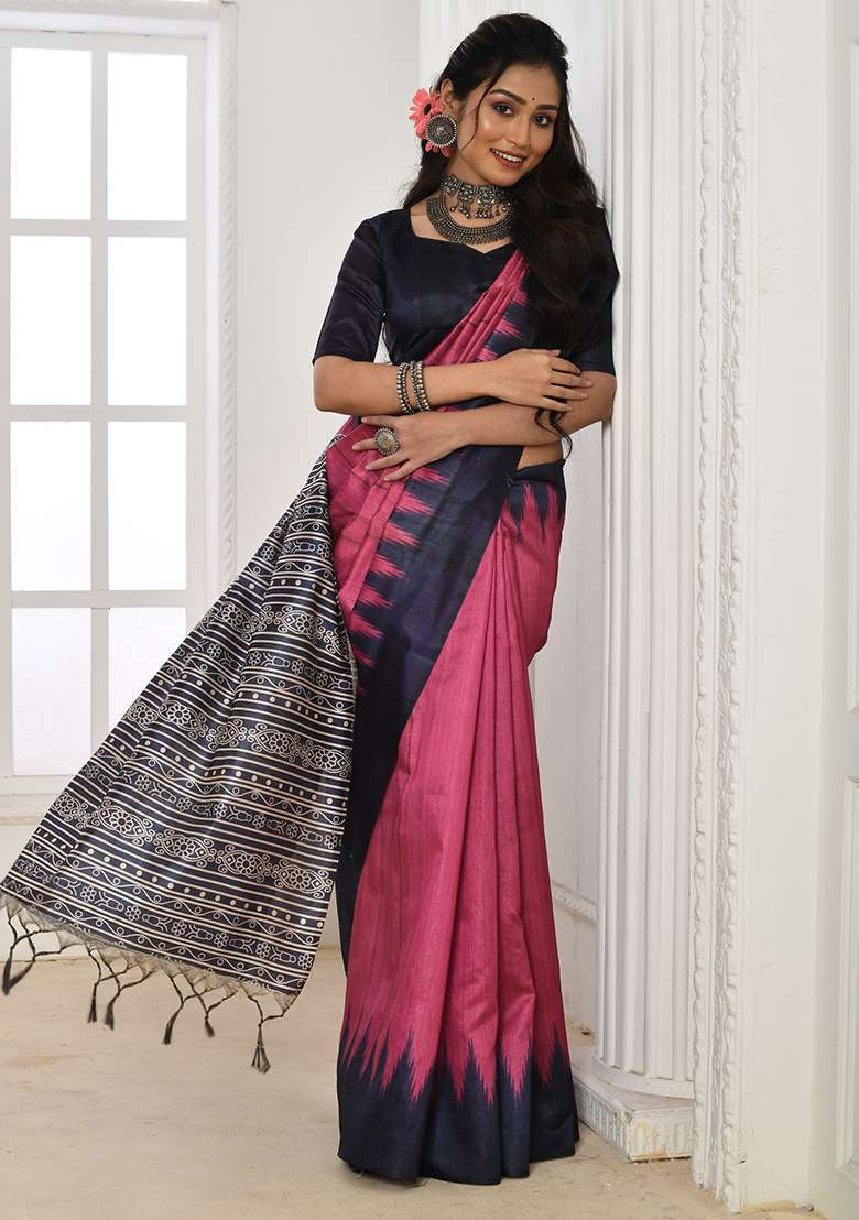 Pink Embroidered Silk Blend Saree Set - Indya