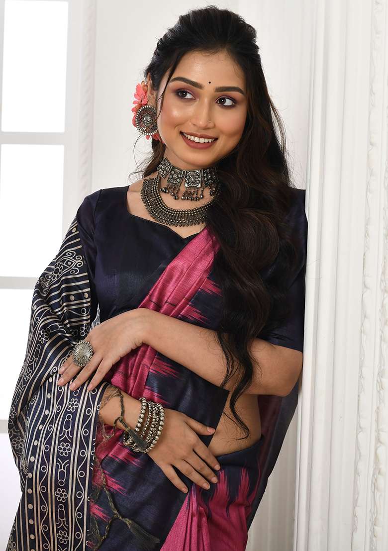 Pink Embroidered Silk Blend Saree Set - Indya