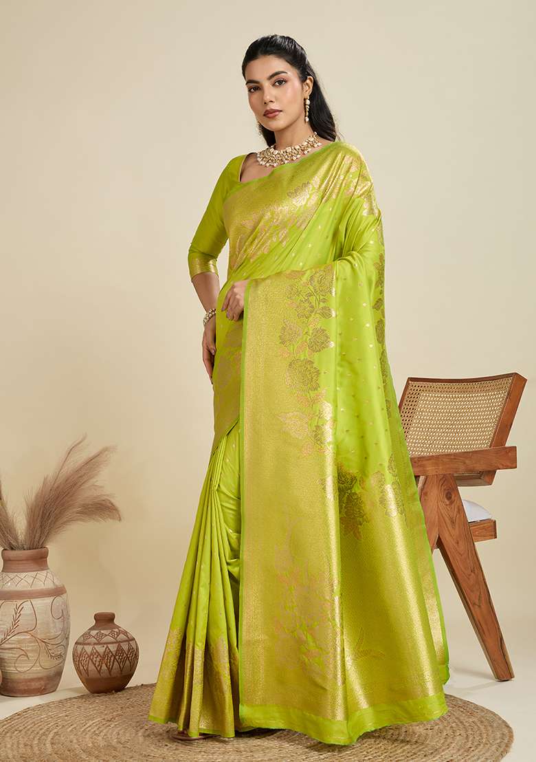 Parrot Green Embroidered Silk Blend Saree Set - Indya