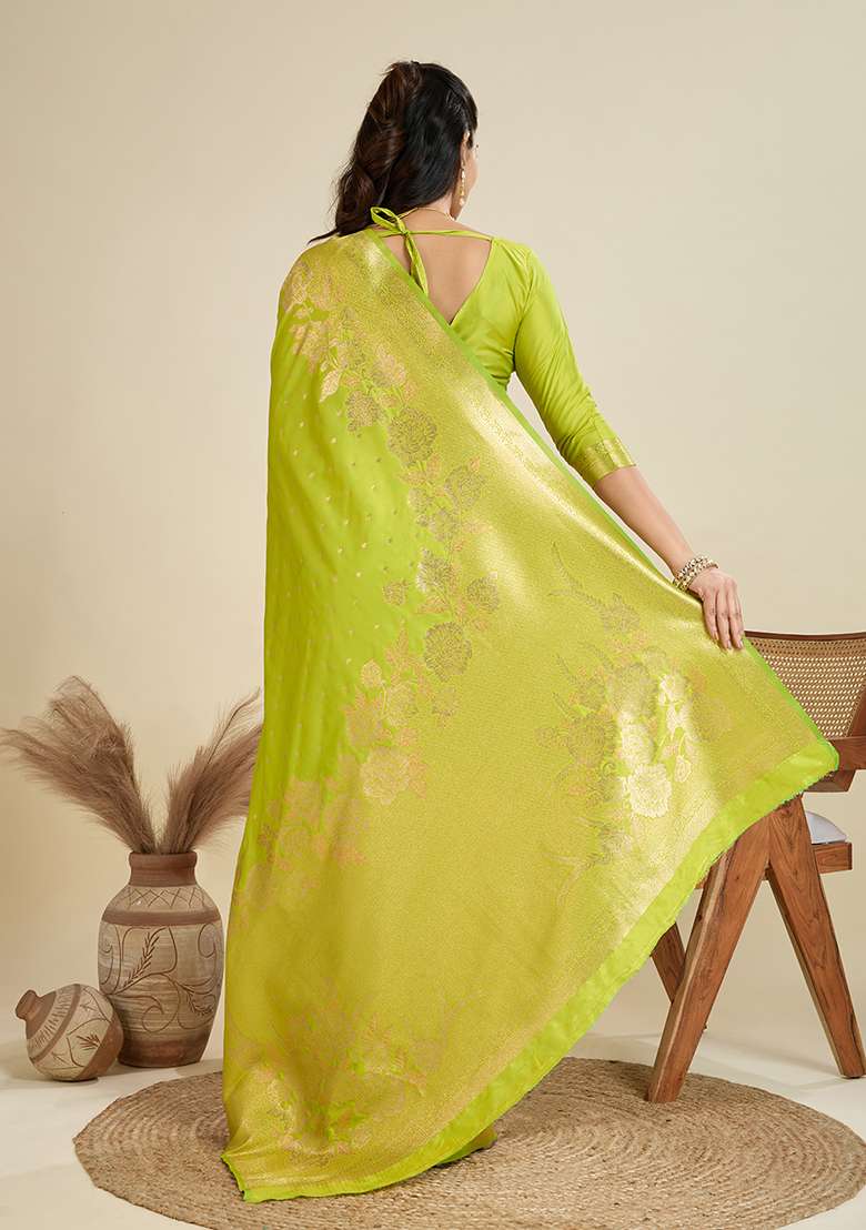 Parrot Green Embroidered Silk Blend Saree Set - Indya
