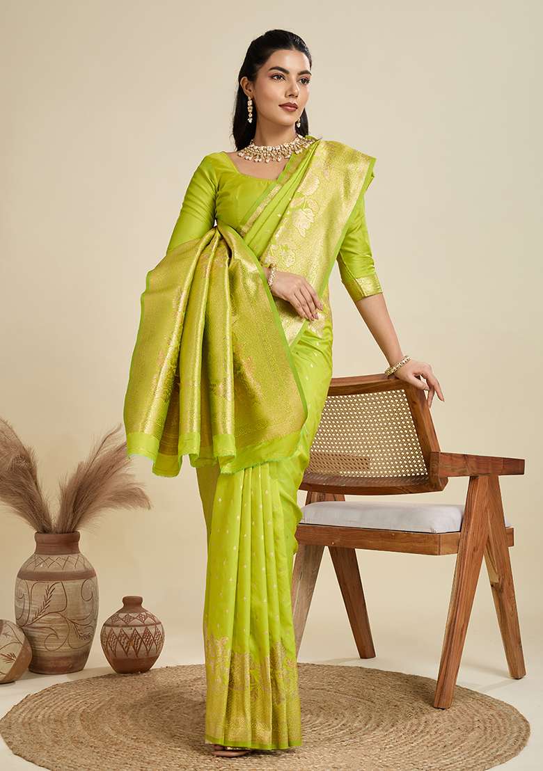 Parrot Green Embroidered Silk Blend Saree Set - Indya
