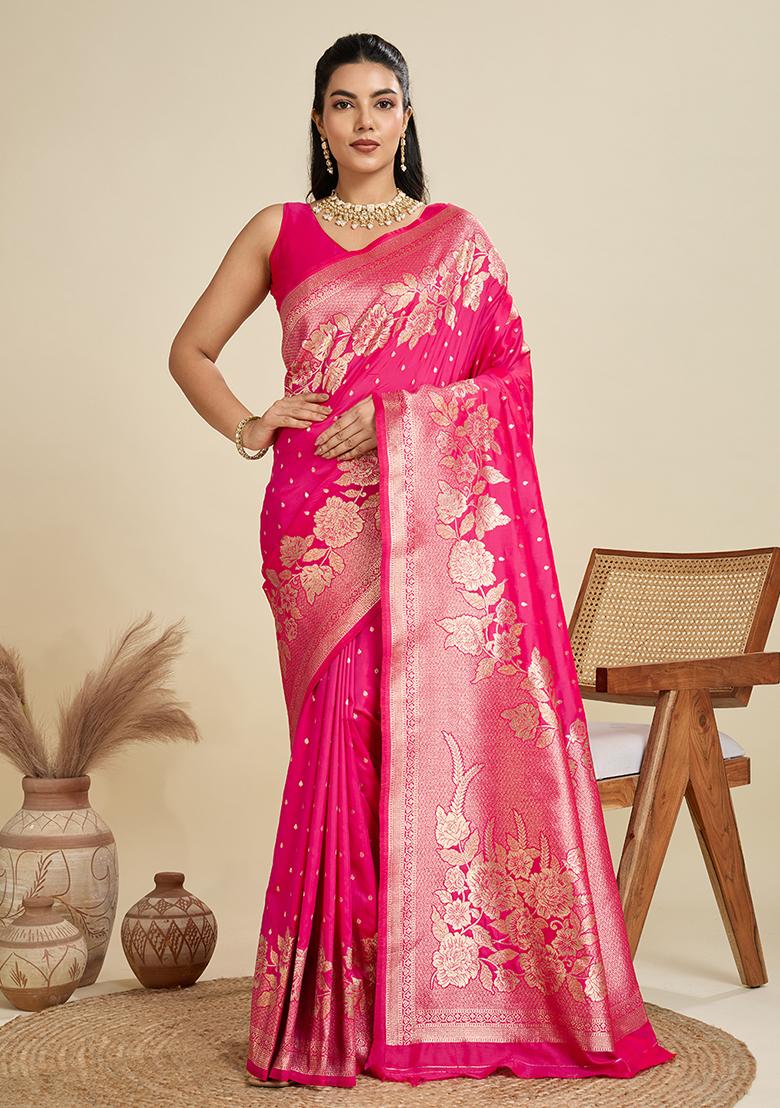 Magenta Embroidered Silk Saree Set