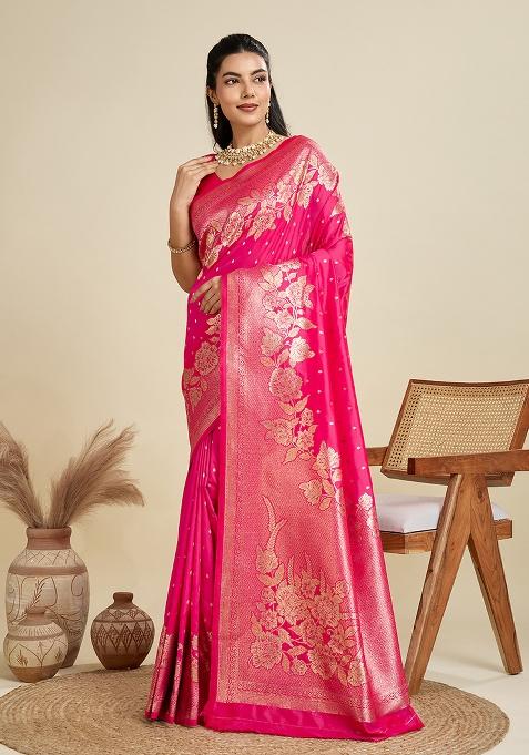 Magenta Embroidered Silk Saree Set