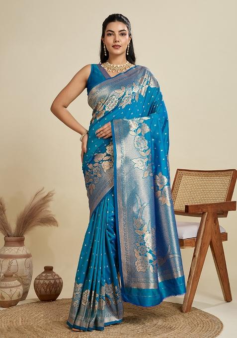 Teal Blue Embroidered Silk Saree Set
