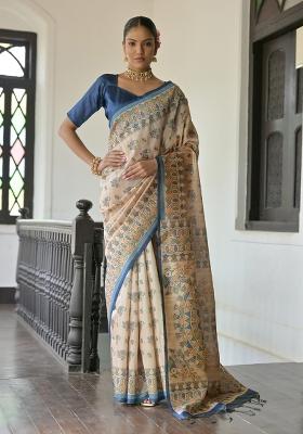 Blue Embroidered Silk Saree Set