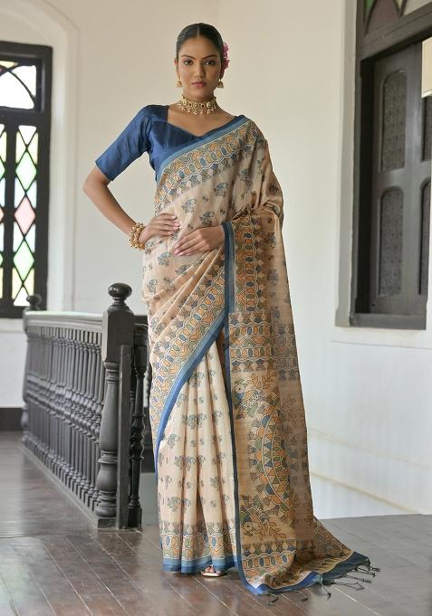 Blue Embroidered Silk Saree Set