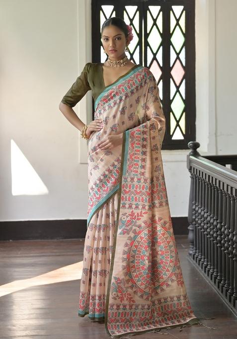 Mehendi Embroidered Silk Saree Set