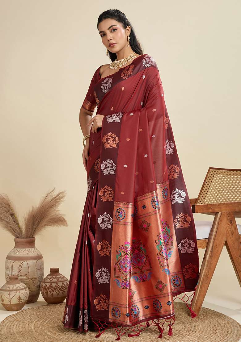 Brown Embroidered Silk Blend Saree Set - Indya