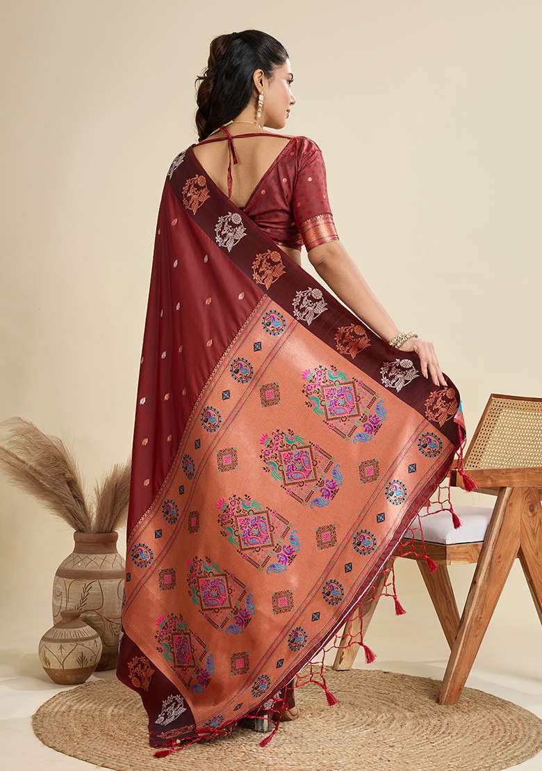 Brown Embroidered Silk Blend Saree Set - Indya