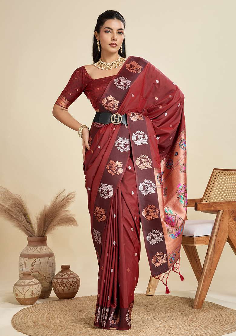 Brown Embroidered Silk Blend Saree Set - Indya