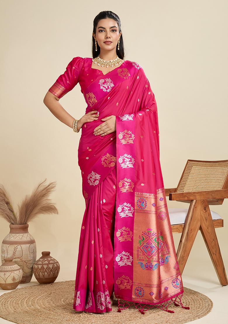 Magenta Embroidered Silk Saree Set