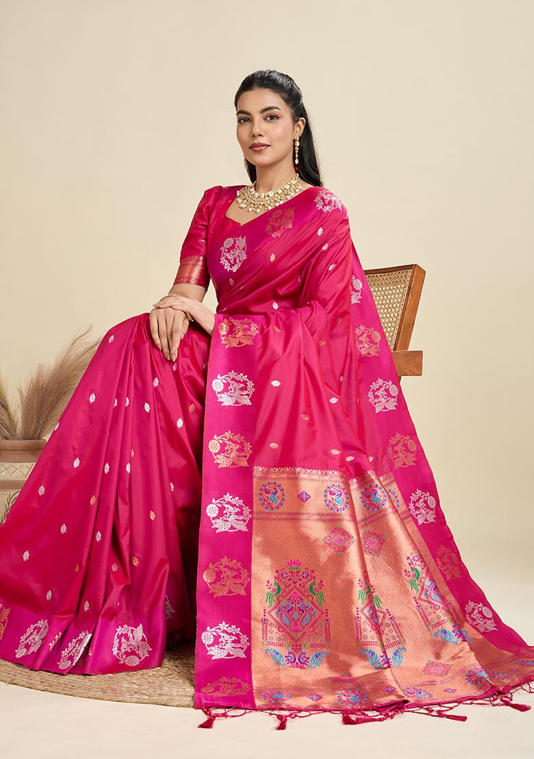 Magenta Embroidered Silk Saree Set