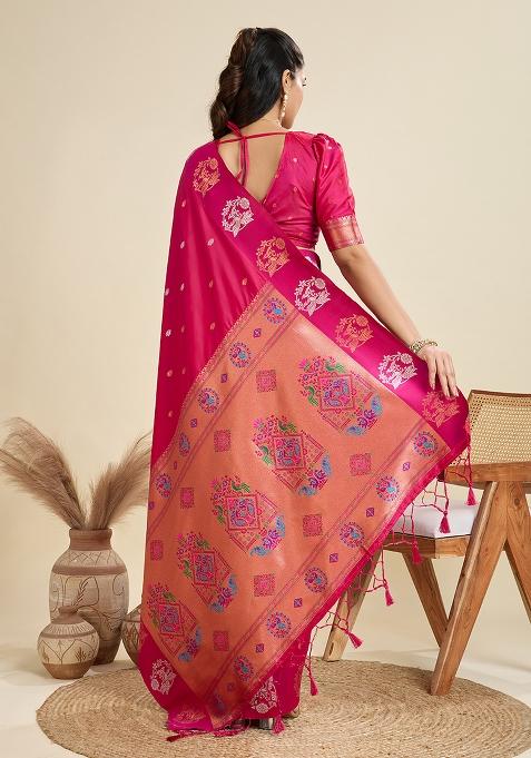 Magenta Embroidered Silk Saree Set