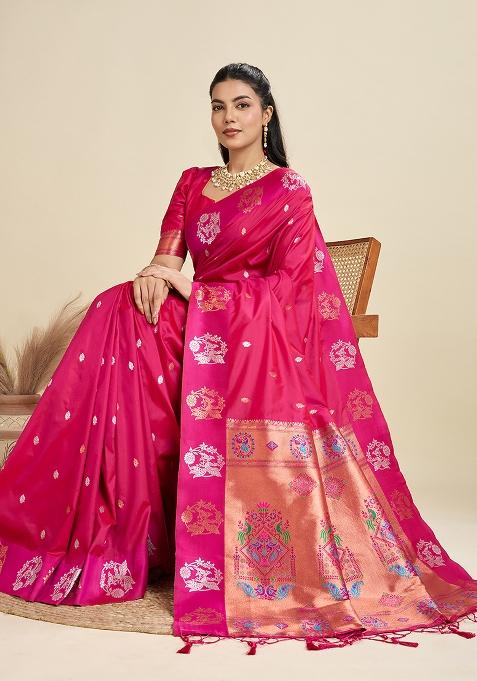 Magenta Embroidered Silk Saree Set