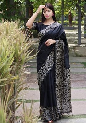 Black Embroidered Silk Saree Set