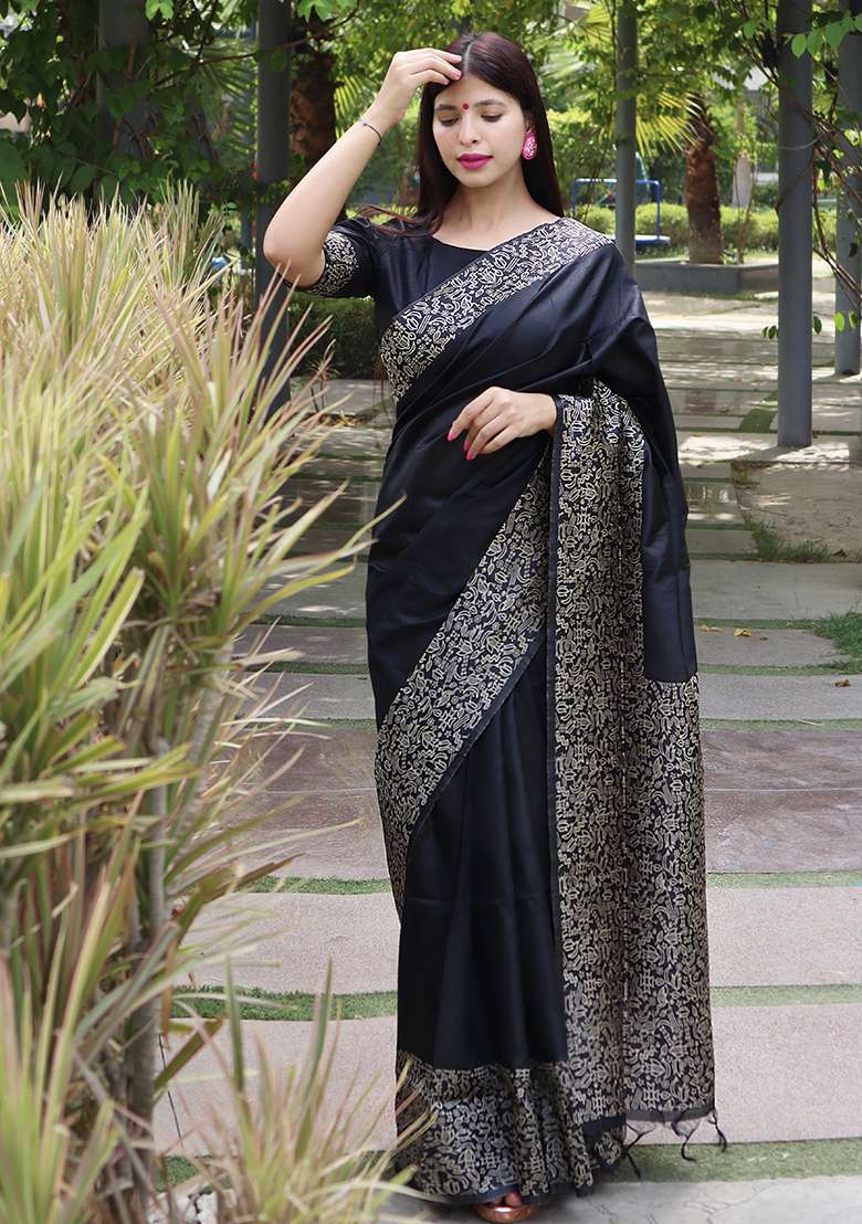 Black Embroidered Silk Blend Saree Set - Indya