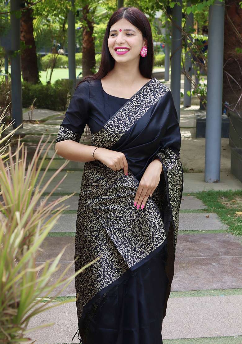 Black Embroidered Silk Blend Saree Set - Indya
