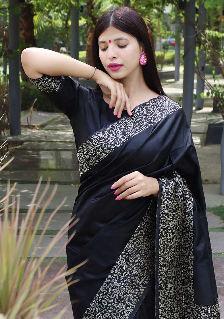 Black Embroidered Silk Blend Saree Set - Indya