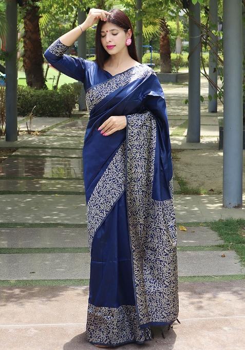 Blue Embroidered Silk Saree Set