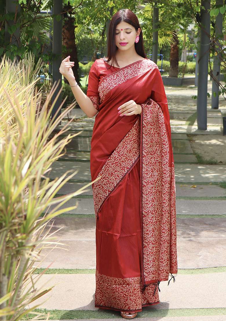 Red Embroidered Silk Blend Saree Set - Indya