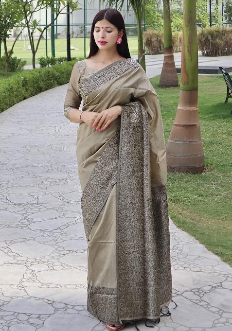 Grey Embroidered Silk Saree Set