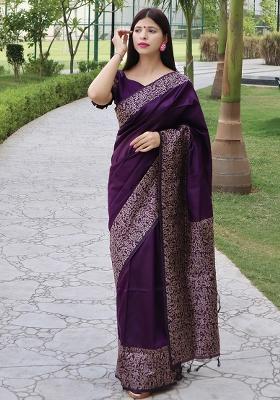 Purple Embroidered Silk Saree Set