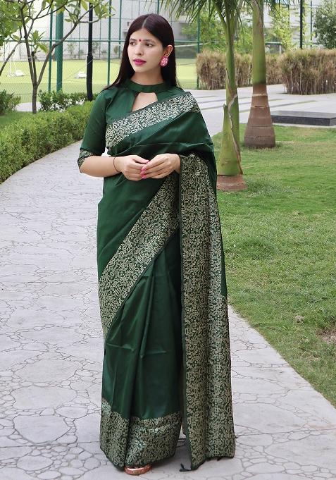 Green Embroidered Silk Saree Set