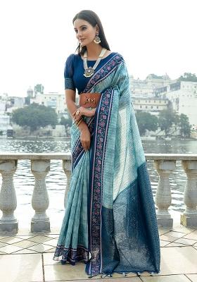 Firozi Embroidered Silk Saree Set