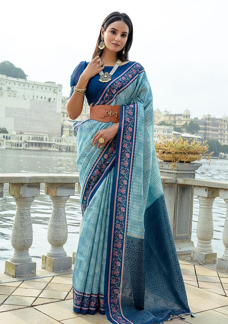Firozi Embroidered Silk Saree Set - Indya