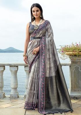 Grey Embroidered Silk Saree Set