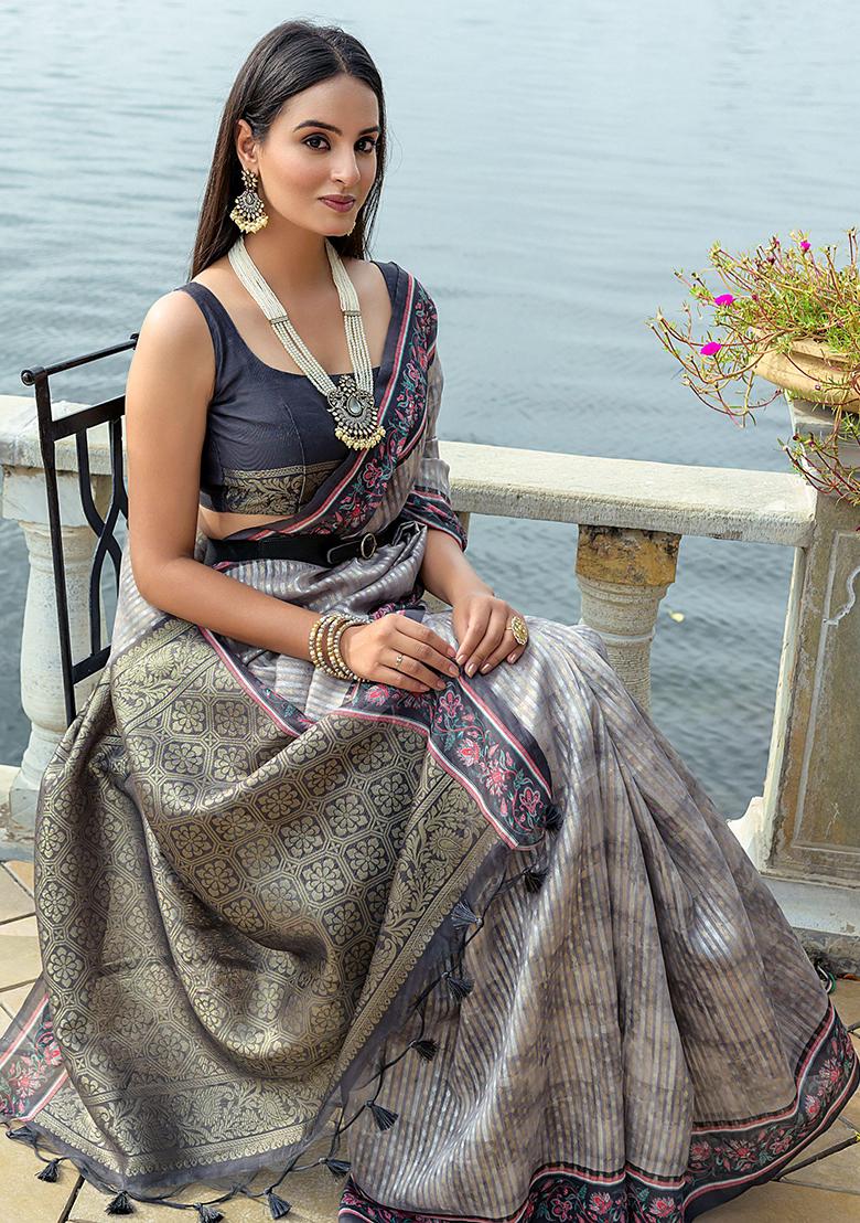 Grey Embroidered Silk Saree Set - Indya