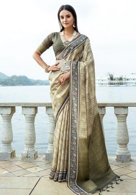 Mehendi Embroidered Silk Saree Set