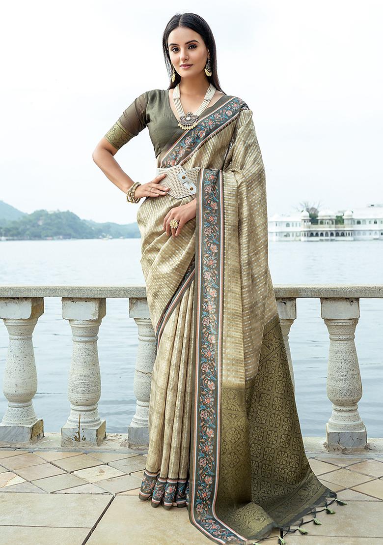 Mehendi Embroidered Silk Saree Set