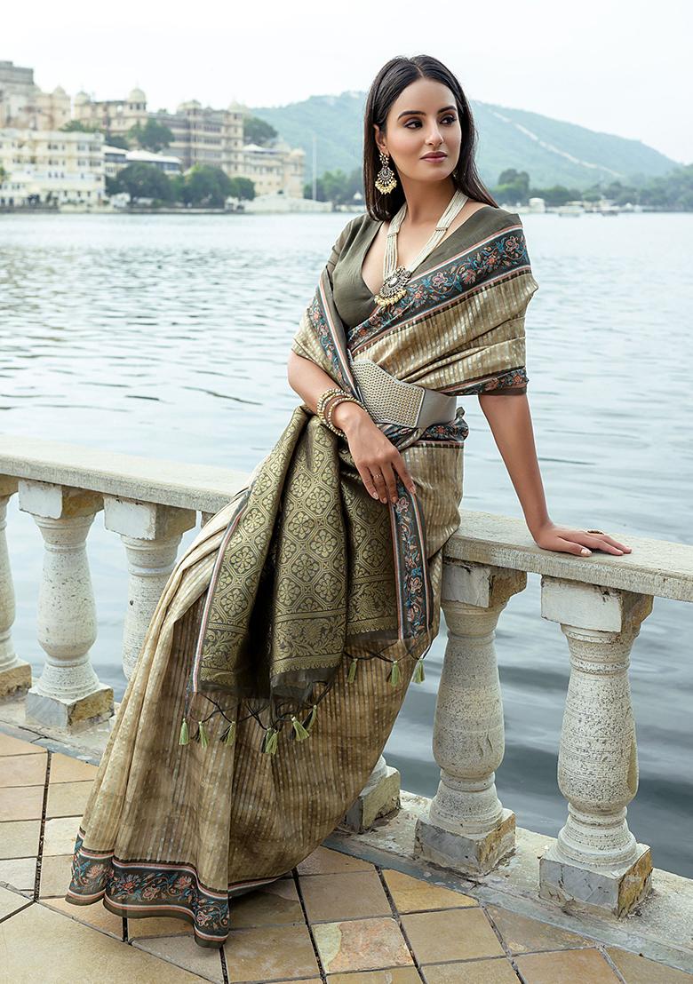 Mehendi Embroidered Silk Saree Set