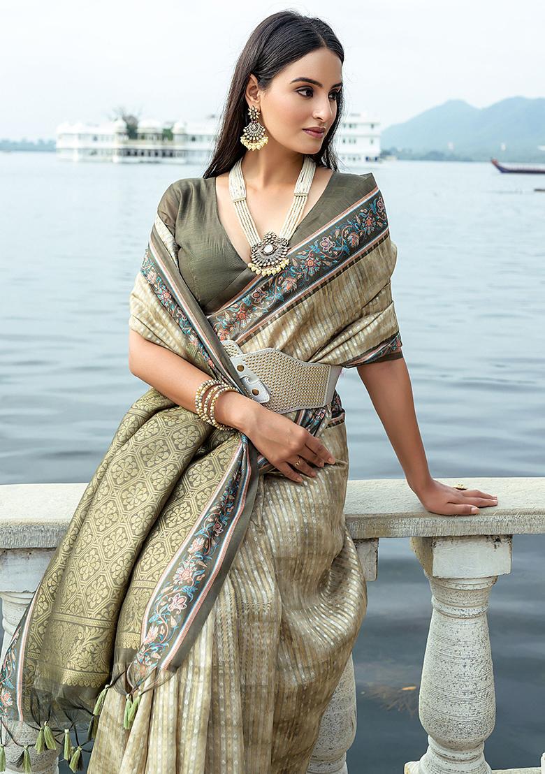 Mehendi Embroidered Silk Saree Set