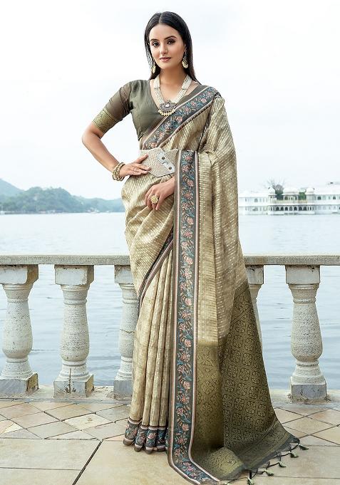 Mehendi Embroidered Silk Saree Set