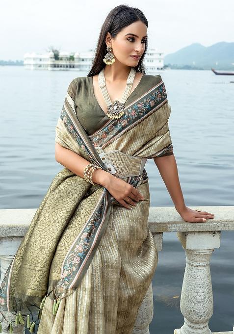 Mehendi Embroidered Silk Saree Set